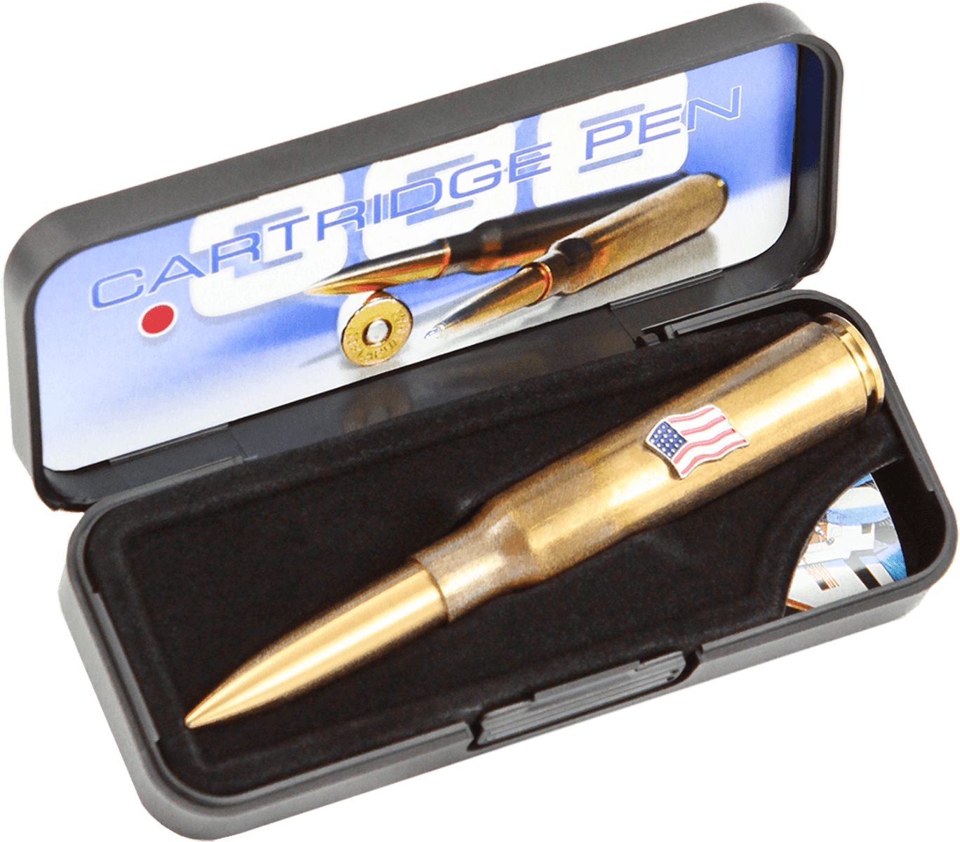 .338 caliber cartridge space pen with American flag emblem in gift box; text on box insert reads .338 cartridge pen