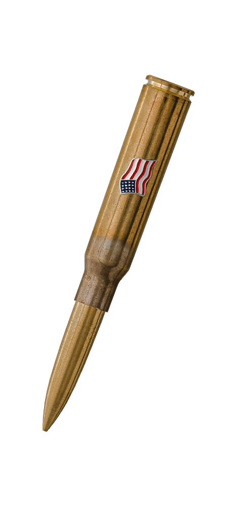 Closed .338 caliber cartridge space pen with American flag emblem