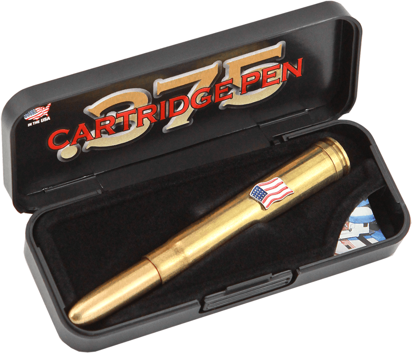 Closed .375 cartridge space pen with American flag emblem in black gift box with insert reading .375 Cartridge Pen