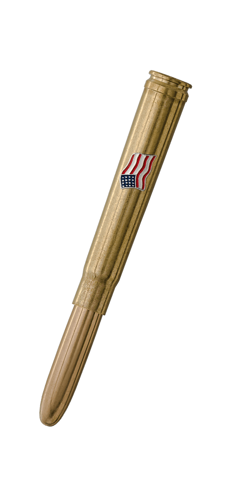 Closed .375 cartridge space pen with American flag emblem