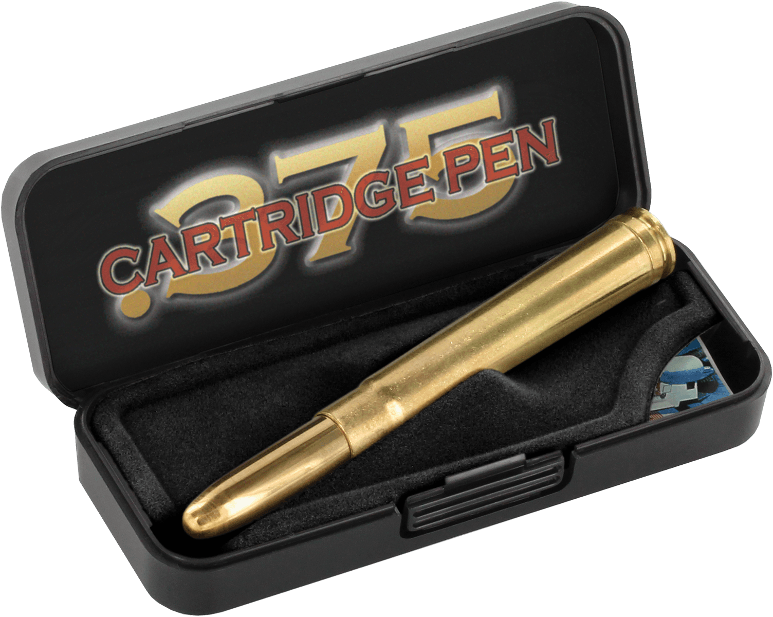 Closed .375 cartridge space pen in black plastic gift box with insert reading .375 cartridge pen