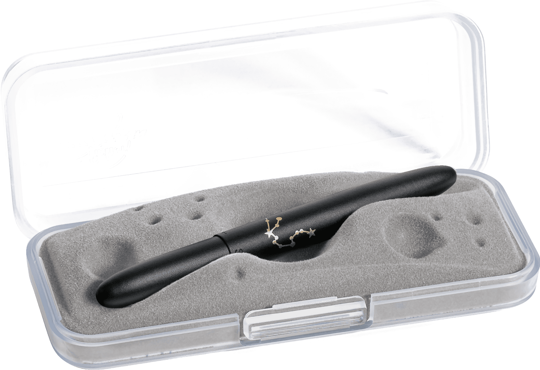 Closed 400B-AQ matte black bullet space pen in gift box. The gift box is opaque plastic with an insert textured like the moon.
