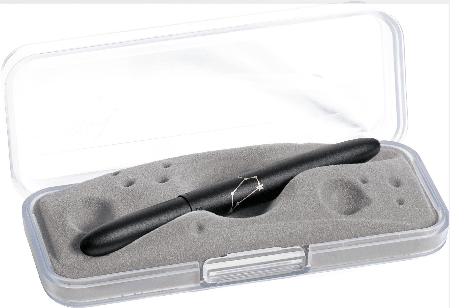 Closed 400B-LE matte black bullet space pen in gift box. The gift box is opaque plastic with an insert textured like the moon.