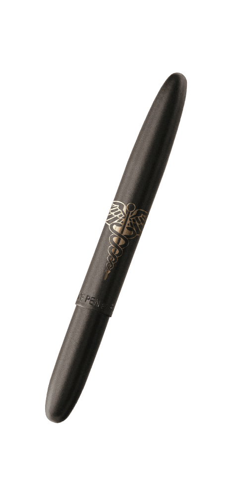 Closed 400B-MED matte black bullet space pen engraved with a caduceus symbol