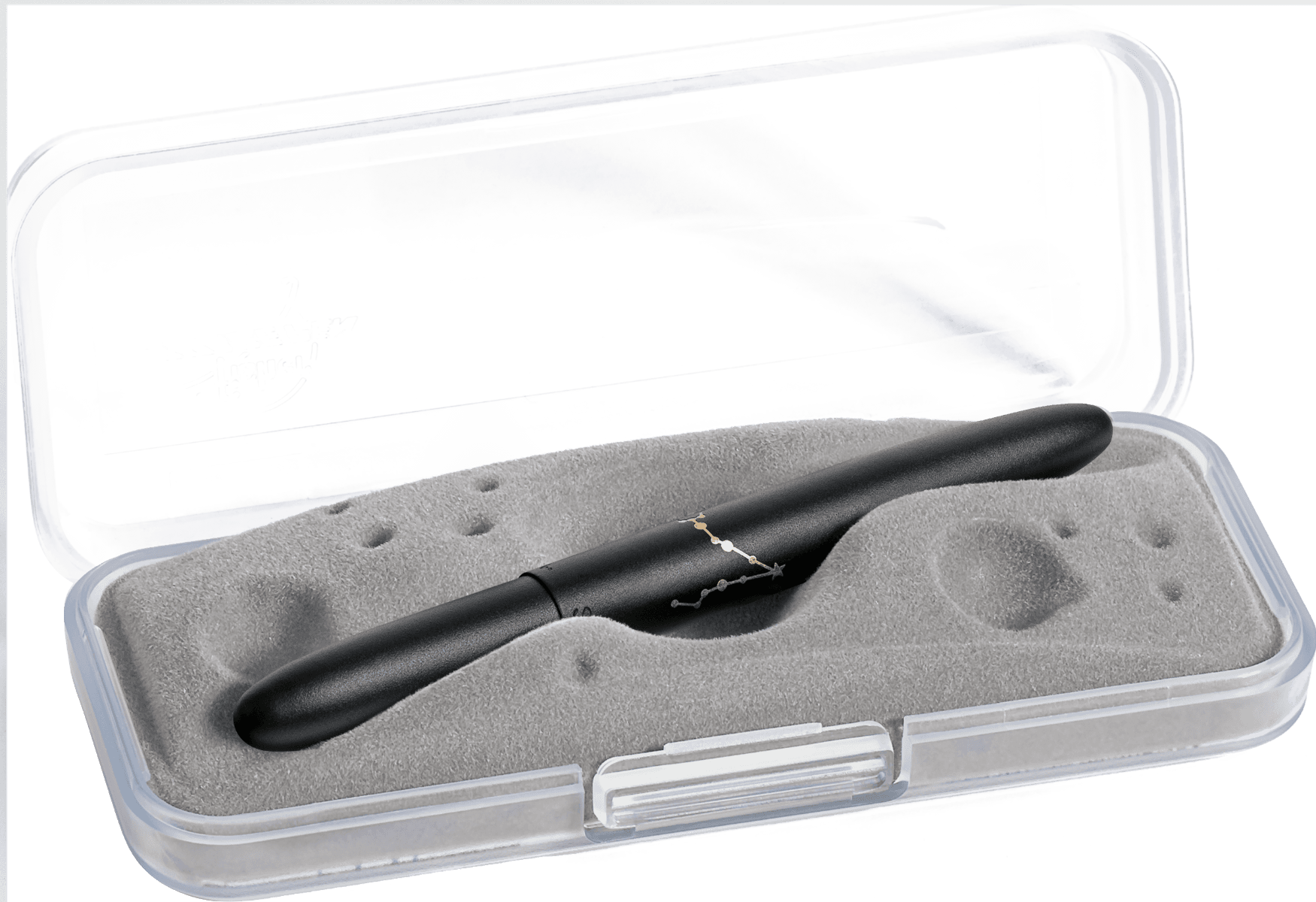 Closed 400B-PS matte black bullet space pen in gift box. The gift box is opaque plastic with an insert textured like the moon.