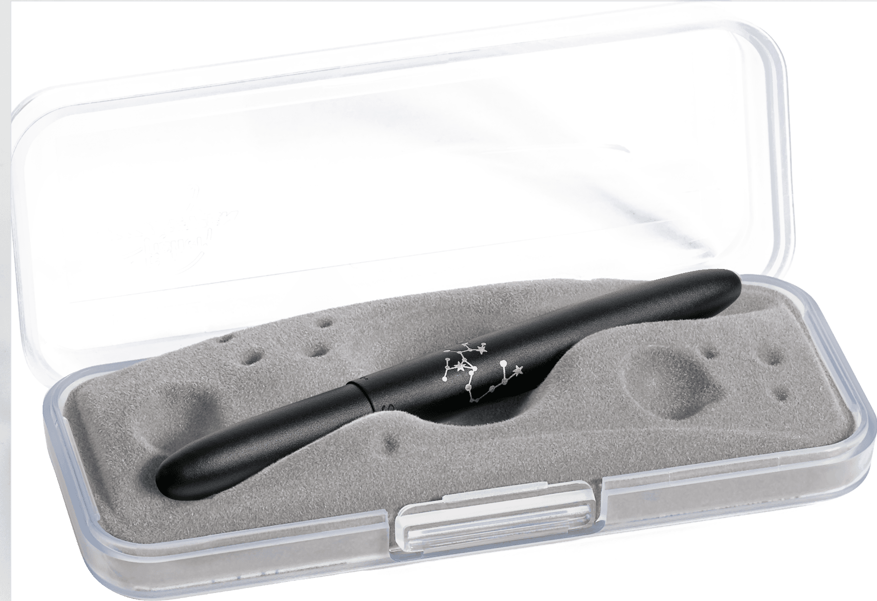 Closed 400B-SG matte black bullet space pen in gift box. The gift box is opaque plastic with an insert textured like the moon.