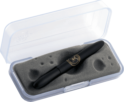 Closed 400BAF matte black bullet space pen in gift box. The gift box is opaque plastic with an insert textured like the moon.