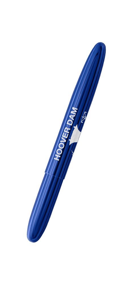 Closed 400BB-HD blue bullet space pen with Hoover Dam engraving