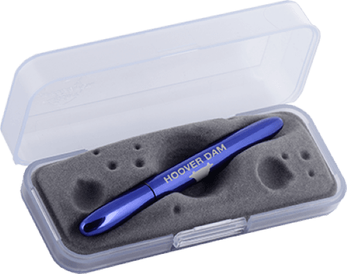 Closed 400BB-HD blue bullet space pen in gift box. The gift box is opaque plastic with an insert textured like the moon.