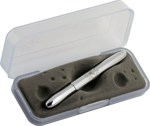Closed 400NAV chrome bullet space pen with engraving of US Navy insignia in gift box. The gift box is opaque plastic with an insert textured like the moon.