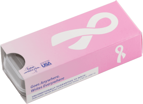 Pink gift box sleeve printed with a white awareness ribbon. The Fisher Space Pen logo is on the lower right.