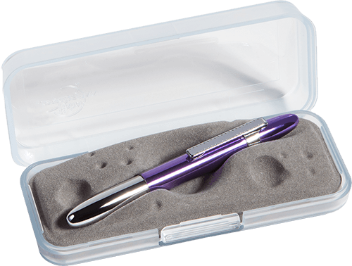 Closed 400PPC-CL bullet space pen with purple cap with chrome clip and chrome body in gift box. The gift box is opaque plastic with an insert textured like the moon.