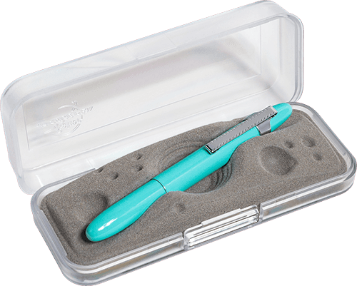 Closed 400TBLCL turquoise blue bullet space pen with chrome clip in gift box. The gift box is opaque plastic with an insert textured like the moon.