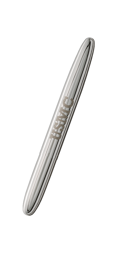 Closed 400USMC chrome bullet space pen with US Marine Corps USMC engraving