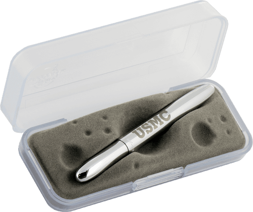 Closed 400USMC chrome bullet space pen with US Marine Corps USMC engraving in gift box. The gift box is opaque plastic with an insert textured like the moon.