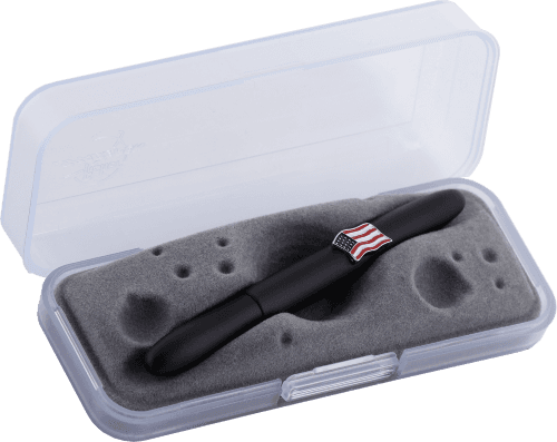 Closed 600B-AF matte black bullet space pen with American flag emblem in gift box. The gift box is opaque plastic with an insert textured like the moon.