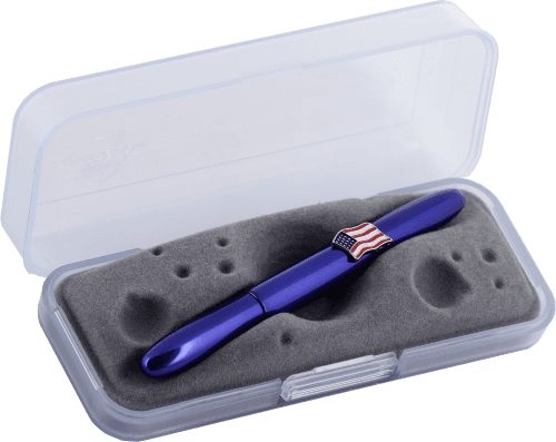 Closed 600BB-AF blue bullet space pen with American flag emblem in gift box. The gift box is opaque plastic with an insert textured like the moon.
