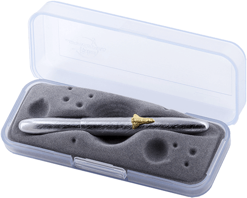Closed 600BRCSH brushed chrome bullet space pen with shuttle emblem in gift box. The gift box is opaque plastic with an insert textured like the moon.