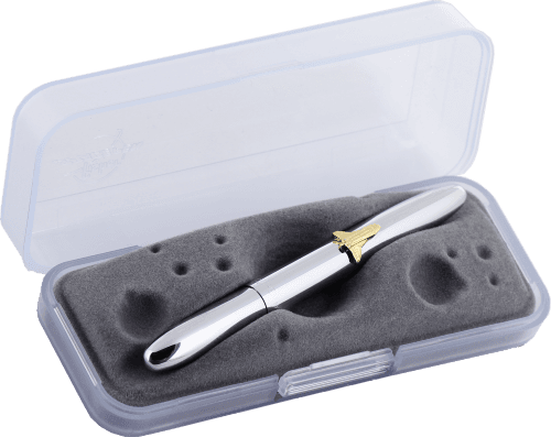 Closed 600SH chrome bullet space pen with shuttle emblem in gift box. The gift box is opaque plastic with an insert textured like the moon.