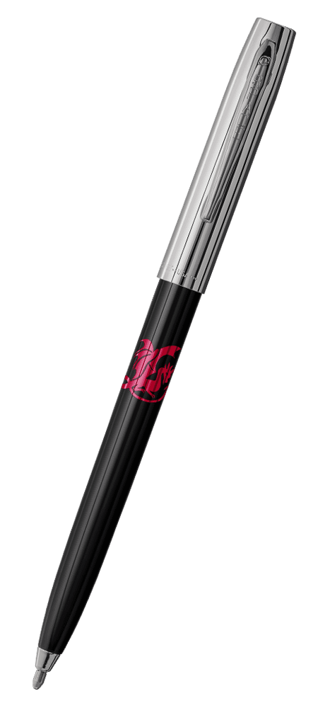 Cap-o-matic space pen with black plastic barrel, chrome cap with clip, chrome tip, and imprinted red dragon.