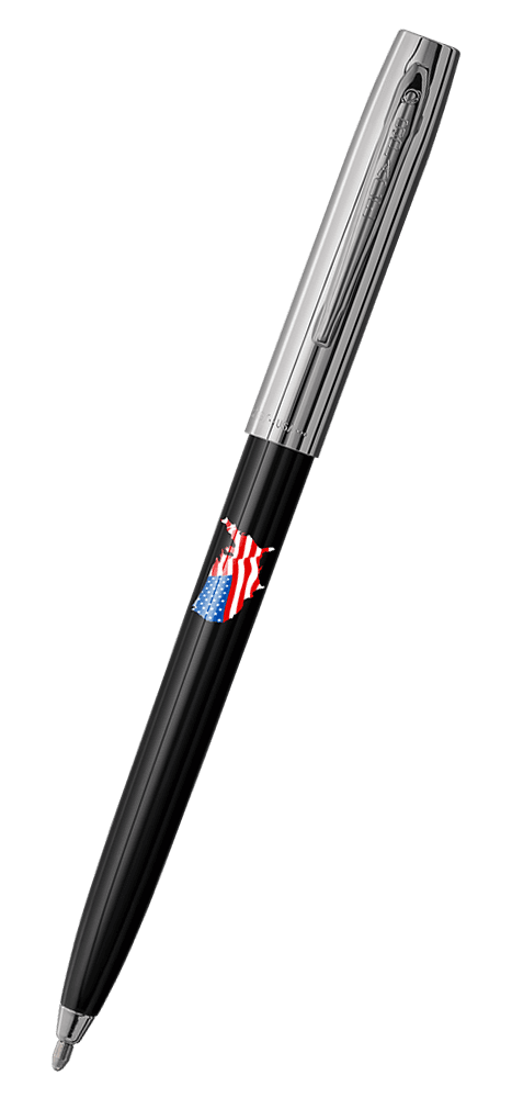 Cap-o-matic space pen with black plastic barrel, chrome cap with clip, chrome tip, and imprinted US flag shaped like the United States.