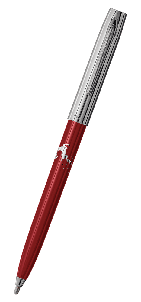Cap-o-matic space pen with red plastic barrel, chrome cap with clip, chrome tip, and imprinted silver reindeer.