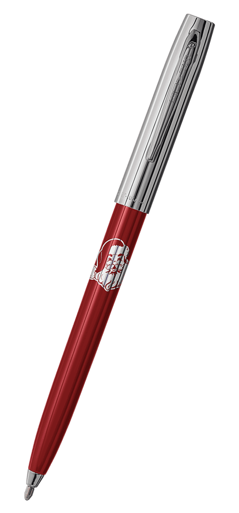Cap-o-matic space pen with red plastic barrel, chrome cap with clip, chrome tip, and imprinted silver Santa Claus.