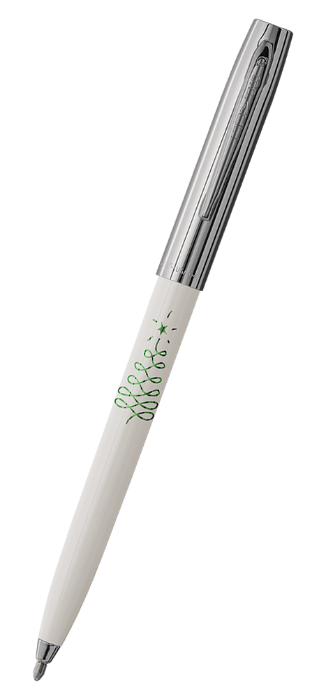 Cap-o-matic space pen with white plastic barrel, chrome cap with clip, chrome tip, and imprinted green looped Christmas tree.