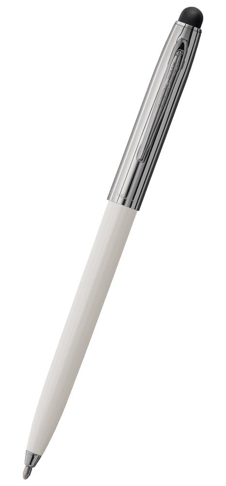 Cap-o-matic space pen with white plastic barrel, chrome cap with clip, chrome tip, and black rubber stylus.
