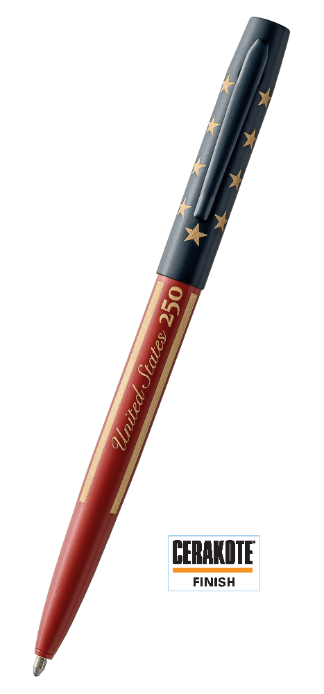 USMC Red and Elite Navy M4 Cap-o-matic Fisher Space Pen, United States 250. The lower barrel features a red Cerakote finish with gold 'United States 250' lettering, while the upper cap is Cerakote navy blue with gold stars.