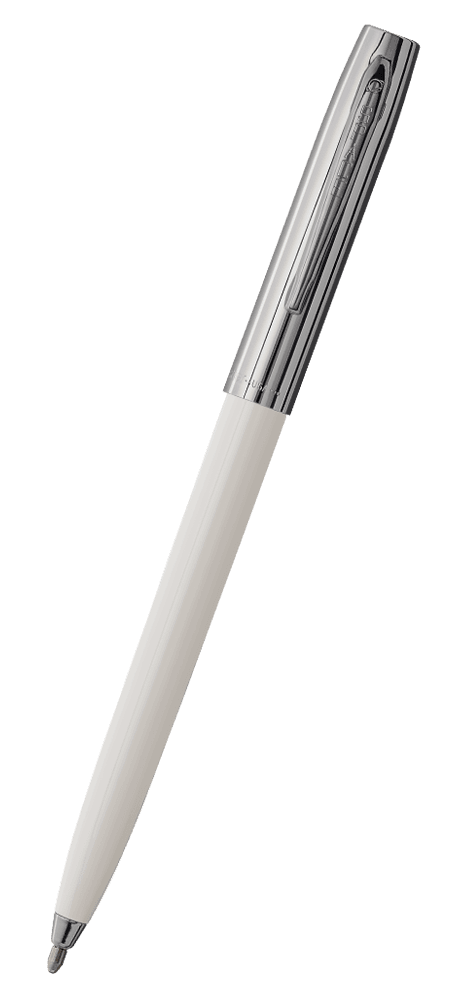 Cap-o-matic space pen with white plastic barrel, chrome cap with clip, and chrome tip.