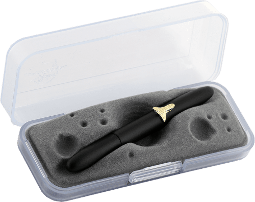 Closed 600B-GFG-SH matte black bullet space pen with shuttle emblem in gift box. The gift box is opaque plastic with an insert textured like the moon.