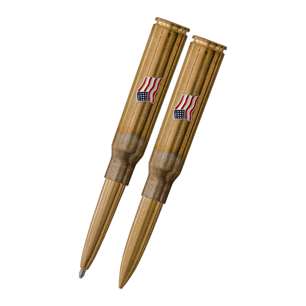 open and closed .338 caliber cartridge space pens with American flag emblem