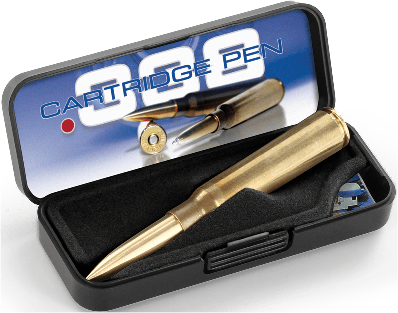 .338 caliber cartridge space pen in plastic gift box with insert reading .338 cartridge pen
