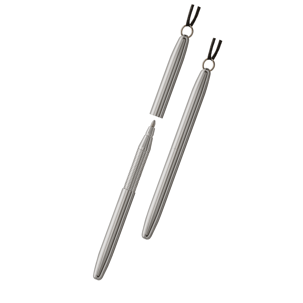 Left: open fine sized chrome bullet space pens with ring on end of cap for chain or rope
Right: closed fine sized chrome bullet space pens with ring on end of cap for chain or rope