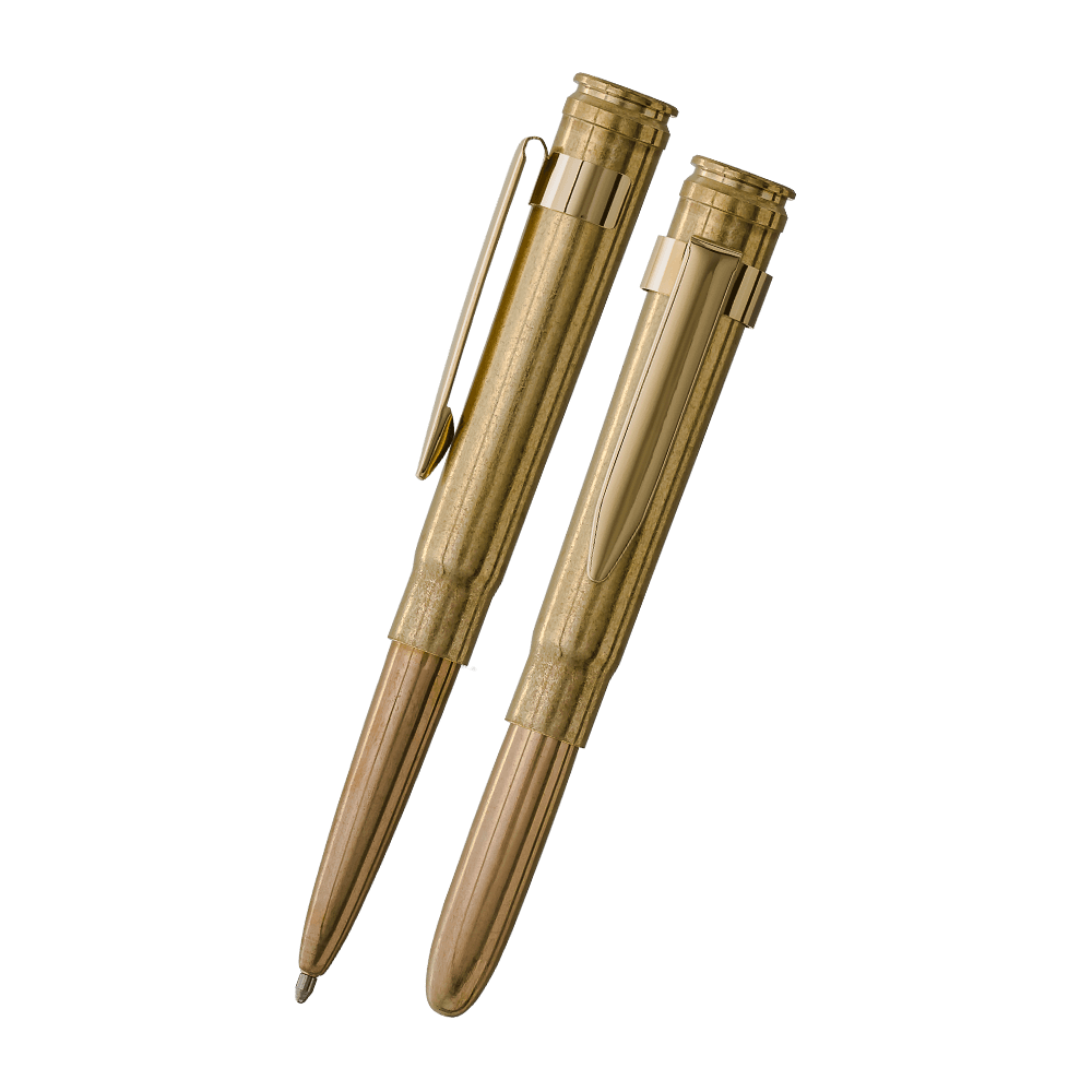 Open .375 cartridge space pen with gold clip to the left. It is turned to the side so that the clip is visible. To the right is the closed .375 cartridge space pen with gold clip.