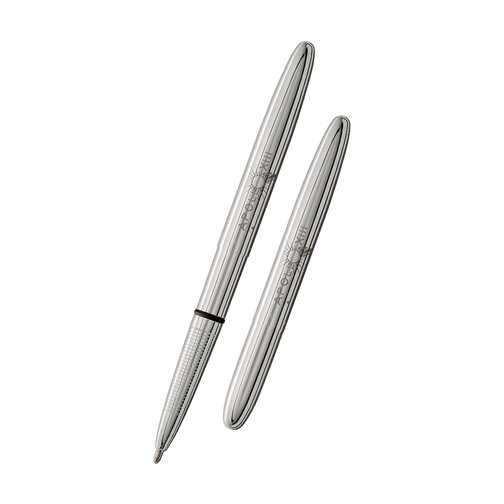 Left: open 400-13-50 chrome bullet space pen with cap on end of pen with Apollo 13 50th Anniversary engraving
Right: closed 400-13-50 chrome bullet space pen with Apollo 13 50th Anniversary engraving