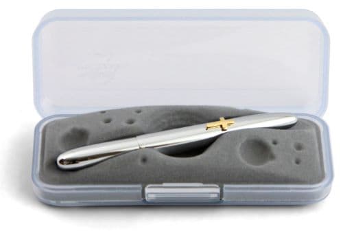 Closed 600CR chrome bullet space pen with cross emblem in gift box. The gift box is opaque plastic with an insert textured like the moon.