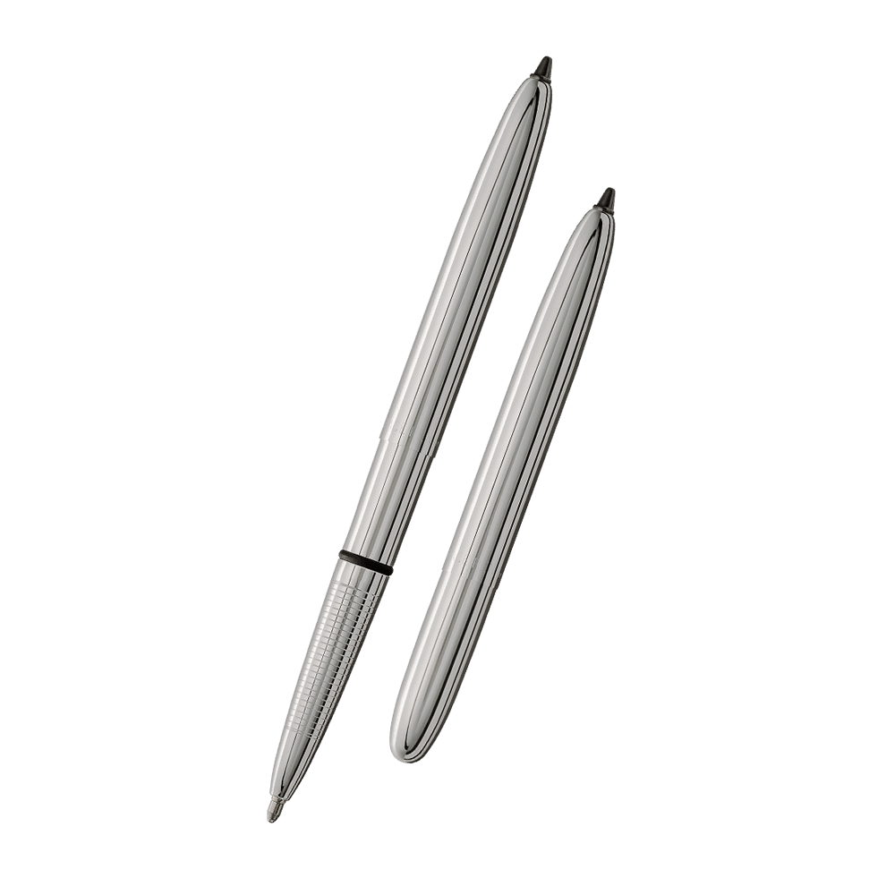 Left: open 400/s chrome bullet space pen with black, hard tip stylus with cap on end of pen
Right: closed 400/s chrome bullet space pen with black, hard tip stylus