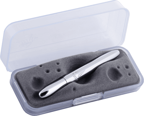 Closed 400-SFD chrome bullet space pen with US Space Force insignia in gift box. The gift box is opaque plastic with an insert textured like the moon.