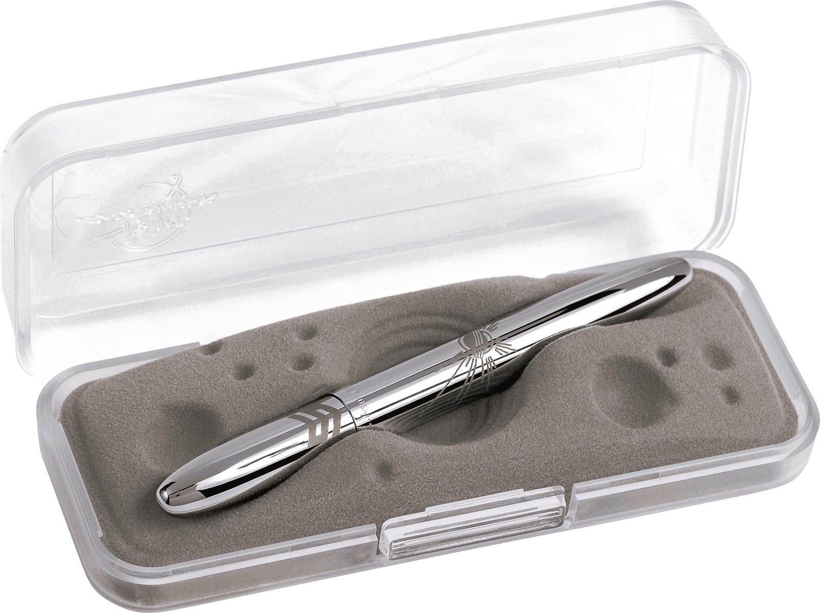 Closed chrome bullet space pen laser engraved with a solar burst and STEM logo in moonscape gift box with open lid