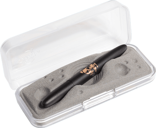 Closed 400BMC in gift box. The gift box is opaque plastic with an insert textured like the moon.