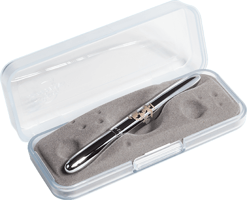 Closed 400MC chrome bullet space pen with US Marine Corps emblem engraving in gift box. The gift box is opaque plastic with an insert textured like the moon.