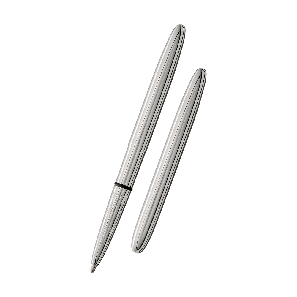 Left: open 400 chrome bullet space pen with cap on end of pen
Right: closed 400 chrome bullet space pen