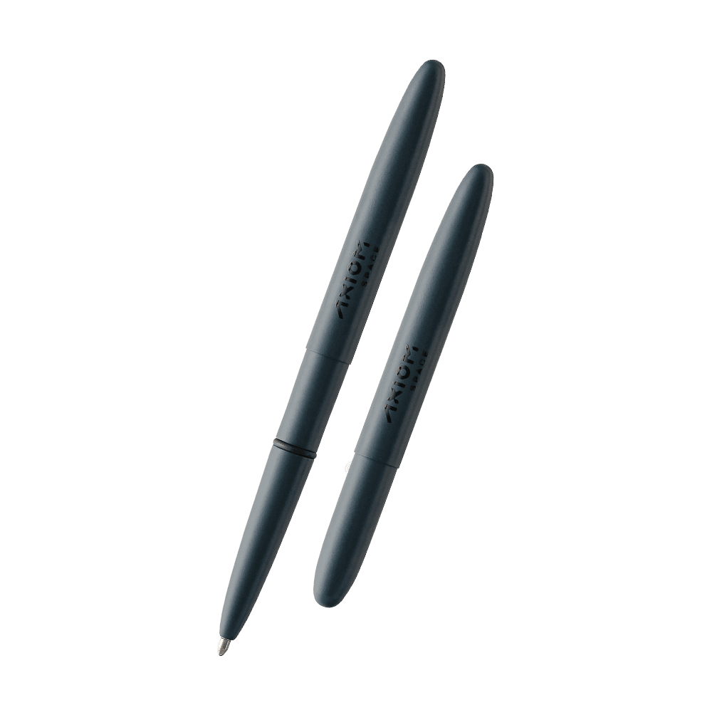 Left: open 400E-220-AXM Elite Navy Cerakote bullet space pen with printed Axiom Space logo
Right: closed 400E-220-AXM Elite Navy Cerakote bullet space pen with printed Axiom Space logo
