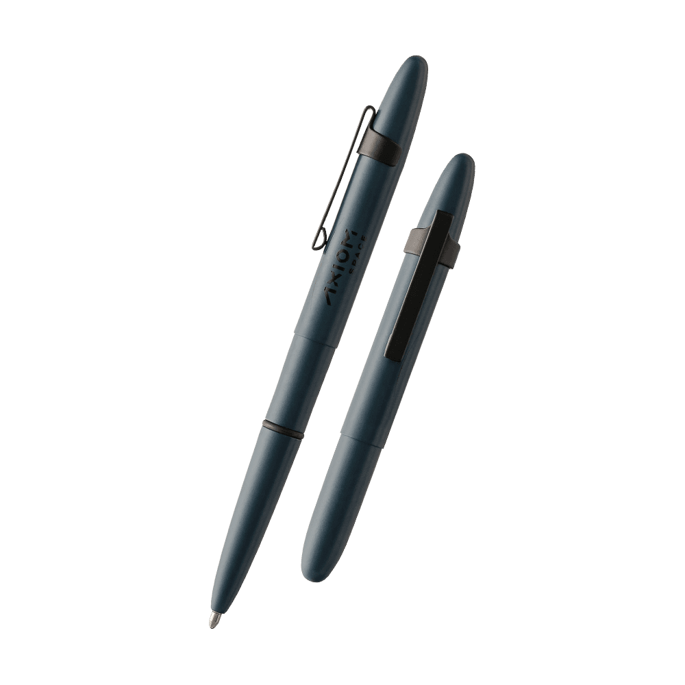 Left: open 400E-220-BCL-AXM Elite Navy Cerakote bullet space pen with matte black clip with printed Axiom Space logo
Right: closed 400E-220-BCL-AXM Elite Navy Cerakote bullet space pen with matte black clip with printed Axiom Space logo
