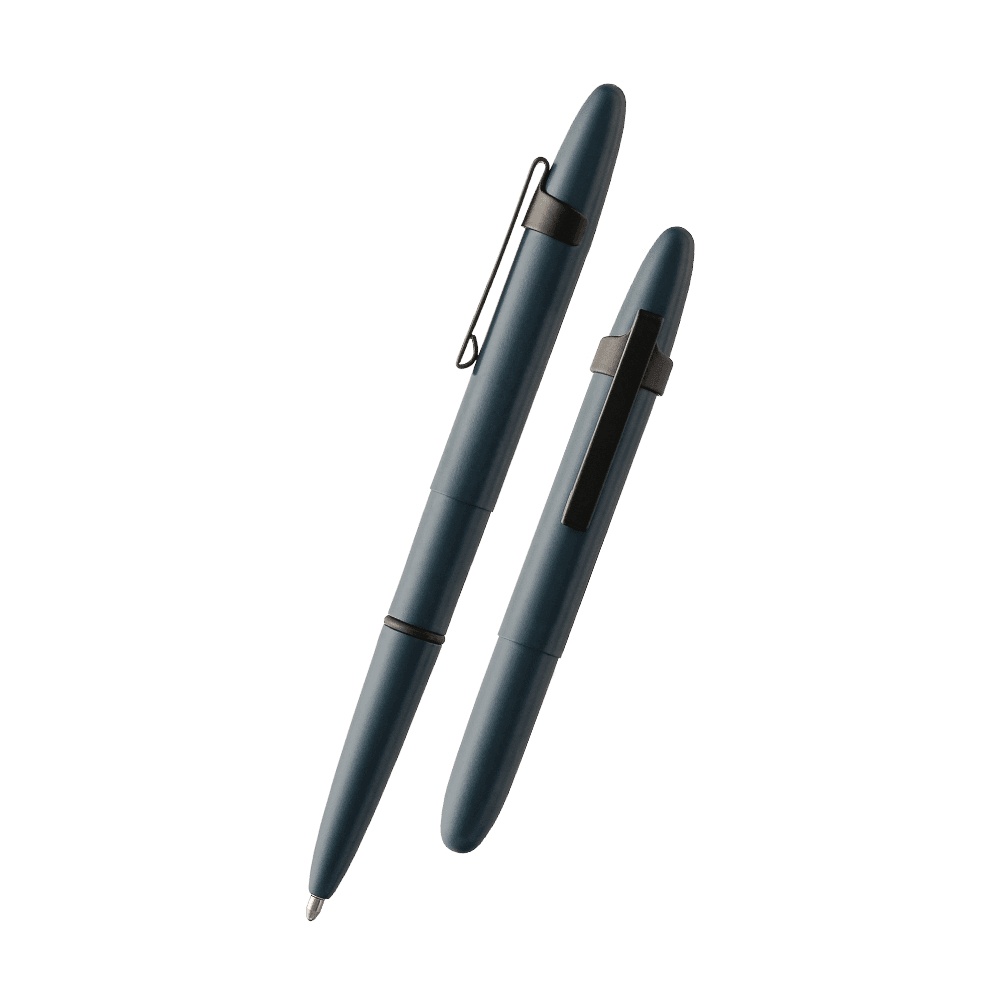 Left: open 400E-220-BCL Elite Navy Cerakote bullet space pen with matte black clip
Right: closed 400E-220-BCL Elite Navy Cerakote bullet space pen with matte black clip