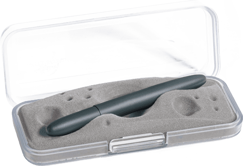 Closed 400E-220 Elite Navy Cerakote bullet space pen in gift box. The gift box is opaque plastic with an insert textured like the moon.