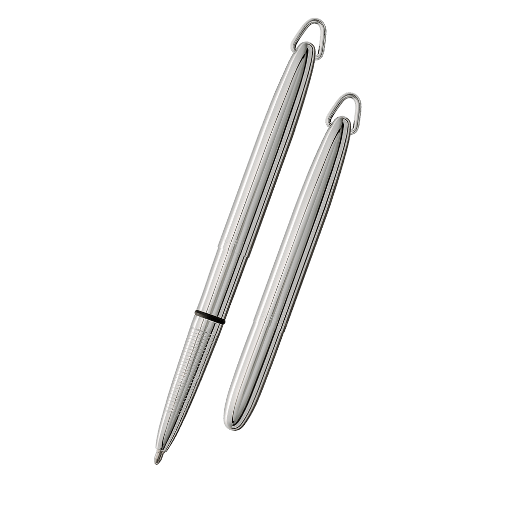 Left: open 400/JR chrome bullet space pen with jump ring with cap on end of pen
Right: closed 400/JR chrome bullet space pen with jump ring on cap