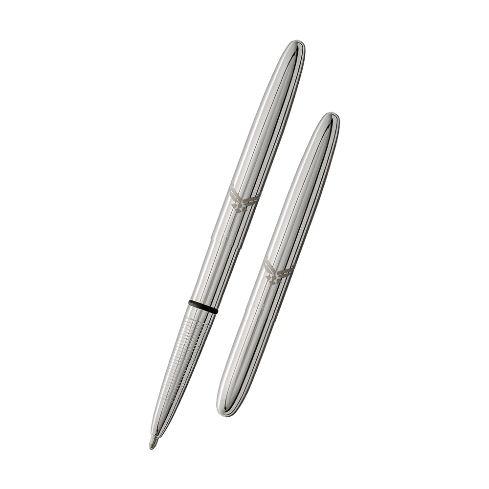 Left: open 400AF-WING chrome bullet space pen with cap on end of pen
Right: Closed 400AF-WING chrome bullet space pen